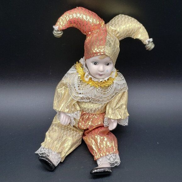 Vintage Bendable Porcelain Gold Red Lace Bells Harlequin Jester Clown Figurine - Picture 6 of 8
